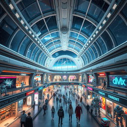 A futuristic space shopping mall floating in outer space, designed with sleek, modern architecture featuring large glass domes and metallic structures