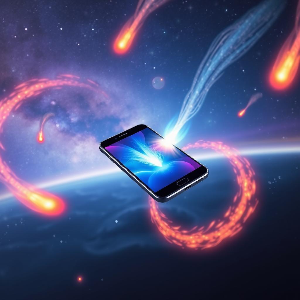 A smartphone floating in space, surrounded by vibrant and dynamic comets