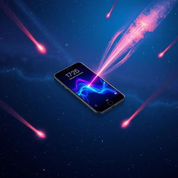 A smartphone floating in space, surrounded by vibrant and dynamic comets