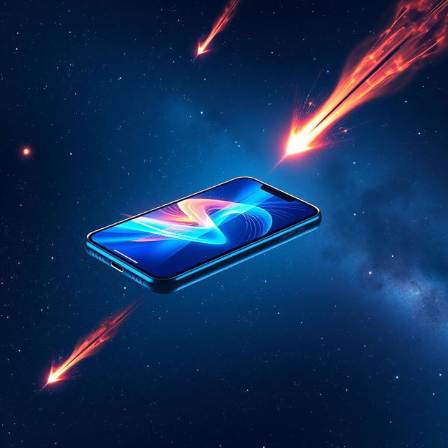 A smartphone floating in space, surrounded by vibrant and dynamic comets