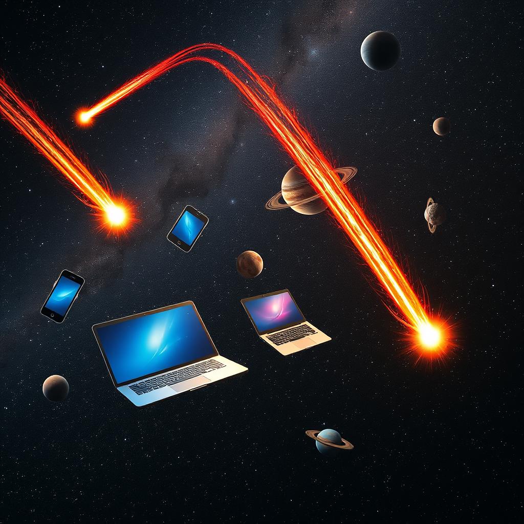 Various electronic devices floating in the vastness of space, including smartphones, laptops, and tablets, surrounded by vibrant and dynamic comets