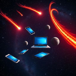 Various electronic devices floating in the vastness of space, including smartphones, laptops, and tablets, surrounded by vibrant and dynamic comets