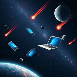 Various electronic devices floating in the vastness of space, including smartphones, laptops, and tablets, surrounded by vibrant and dynamic comets