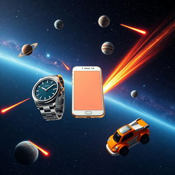 A wristwatch, a smartphone, and a toy car floating together in the vastness of space, surrounded by vibrant and dynamic comets