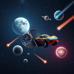 A wristwatch, a smartphone, and a toy car floating together in the vastness of space, surrounded by vibrant and dynamic comets