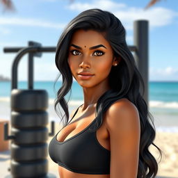 A realistic AI avatar of a 20-year-old Sri Lankan female standing confidently in front of a gym