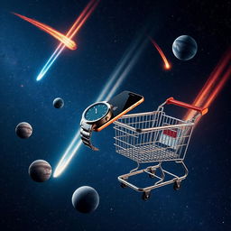 A wristwatch, a smartphone, and a supermarket shopping cart floating together in the vast expanse of space, surrounded by vibrant and dynamic comets