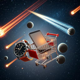 A wristwatch, a smartphone, and a supermarket shopping cart floating together in the vast expanse of space, surrounded by vibrant and dynamic comets