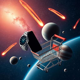 A wristwatch, a smartphone, and a supermarket shopping cart floating together in the vast expanse of space, surrounded by vibrant and dynamic comets