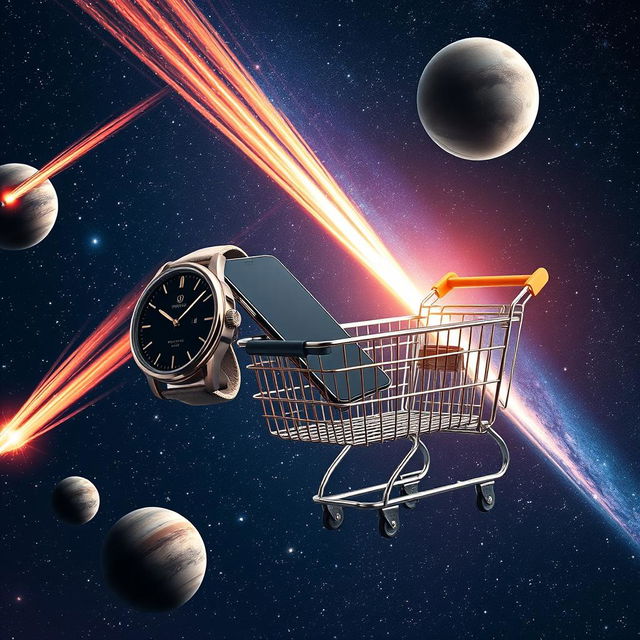 A wristwatch, a smartphone, and a supermarket shopping cart floating together in the vast expanse of space, surrounded by vibrant and dynamic comets