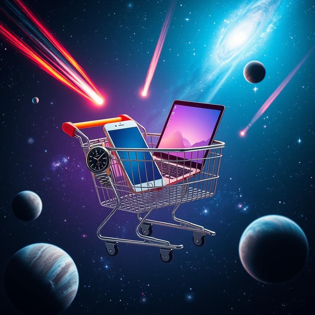 A shopping cart filled with a wristwatch, a smartphone, and a laptop computer floating in the vastness of space, surrounded by vibrant and dynamic comets