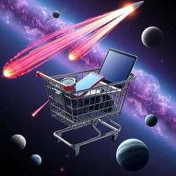 A shopping cart filled with a wristwatch, a smartphone, and a laptop computer floating in the vastness of space, surrounded by vibrant and dynamic comets