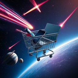 A shopping cart filled with a wristwatch, a smartphone, and a laptop computer floating in the vastness of space, surrounded by vibrant and dynamic comets