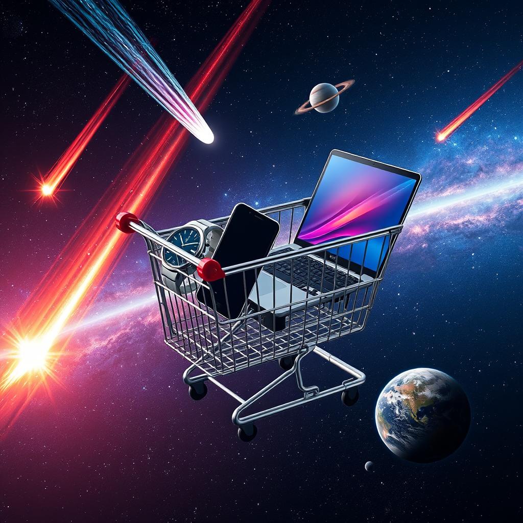 A shopping cart filled with a wristwatch, a smartphone, and a laptop computer floating in the vastness of space, surrounded by vibrant and dynamic comets