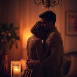 A romantic and intimate couple scene, set in a dimly lit, softly decorated room