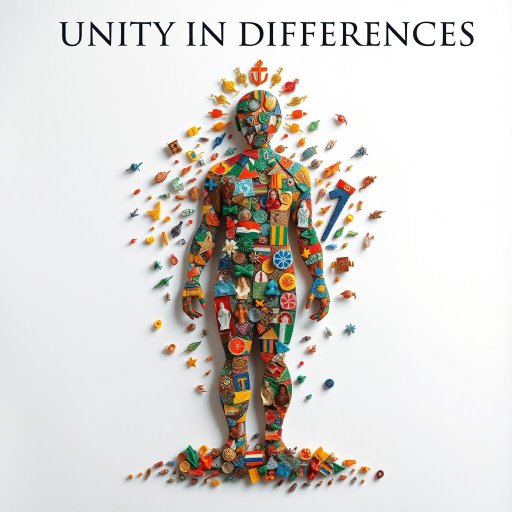 A captivating book cover, embodying the theme "Unity in Differences," featuring an intricate assembly of small divine fragments, each unique in shape and color, merging to form a whole human figure