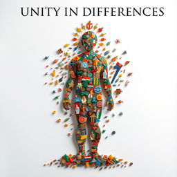 A captivating book cover, embodying the theme "Unity in Differences," featuring an intricate assembly of small divine fragments, each unique in shape and color, merging to form a whole human figure