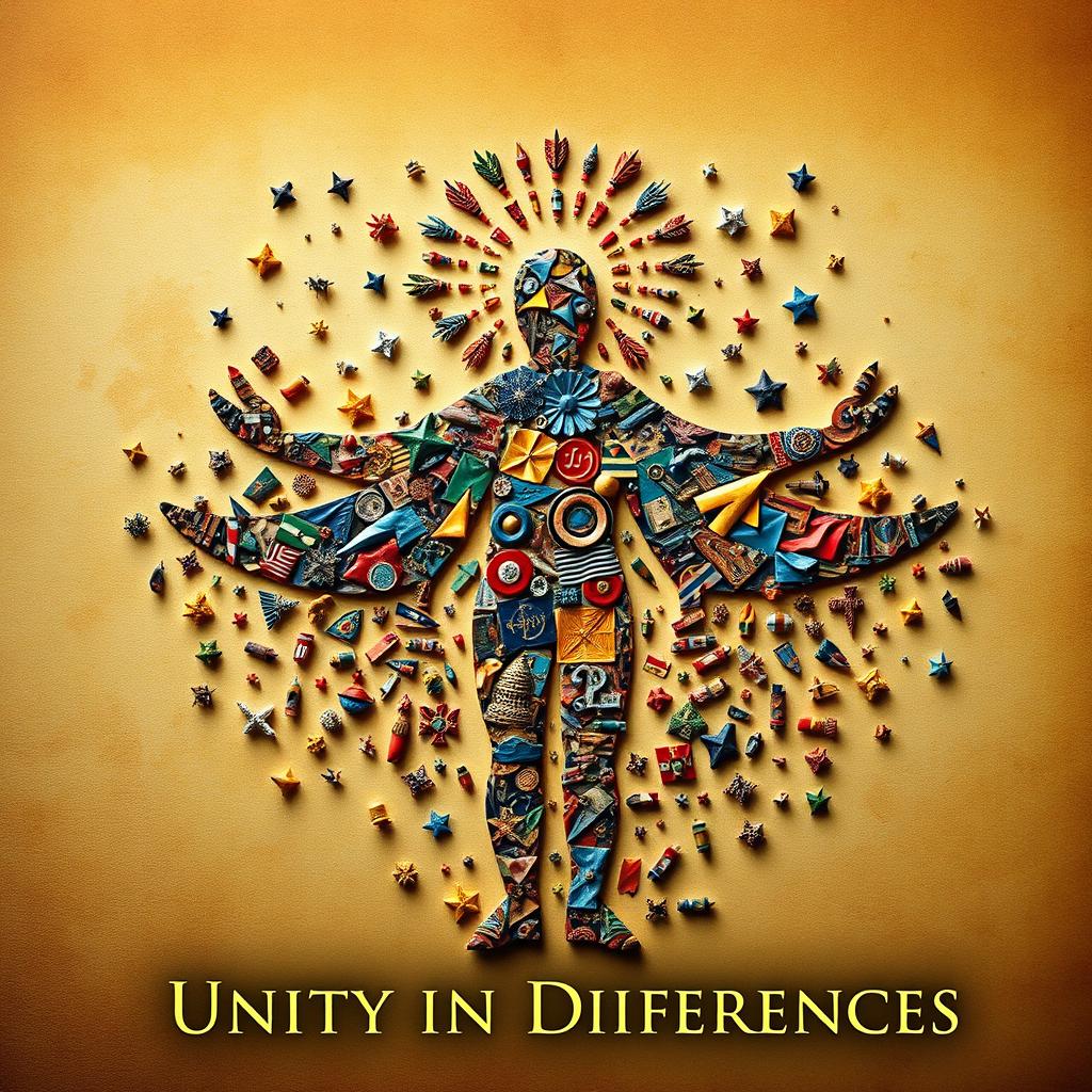 A captivating book cover, embodying the theme "Unity in Differences," featuring an intricate assembly of small divine fragments, each unique in shape and color, merging to form a whole human figure