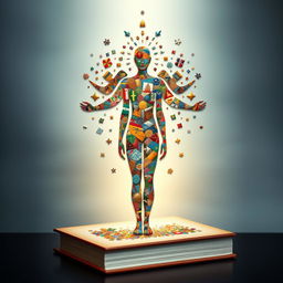 A captivating book cover, embodying the theme "Unity in Differences," featuring an intricate assembly of small divine fragments, each unique in shape and color, merging to form a whole human figure