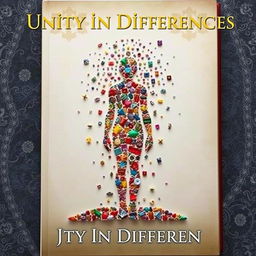 A captivating book cover, embodying the theme "Unity in Differences," featuring an intricate assembly of small divine fragments, each unique in shape and color, merging to form a whole human figure