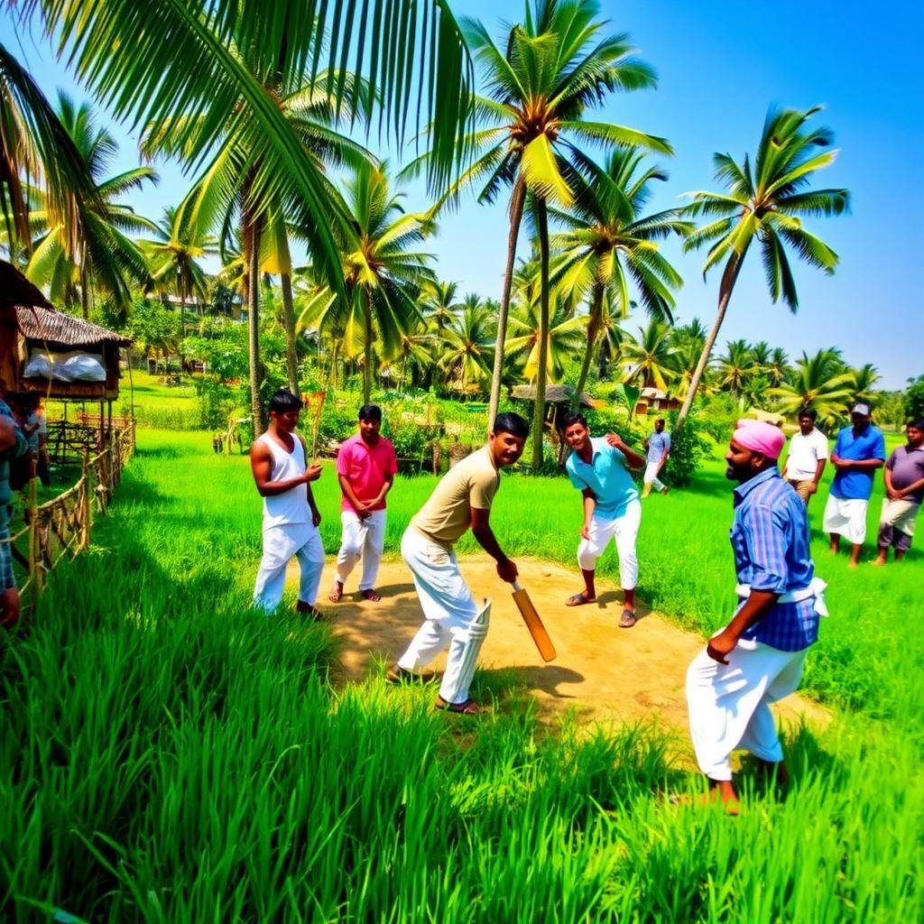 A local village cricket team in Kerala playing cricket in a verdant, rural setting