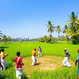 A local village cricket team in Kerala playing cricket in a verdant, rural setting