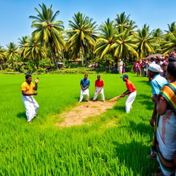 A local village cricket team in Kerala playing cricket in a verdant, rural setting