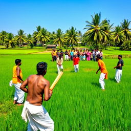 A local village cricket team in Kerala playing cricket in a verdant, rural setting