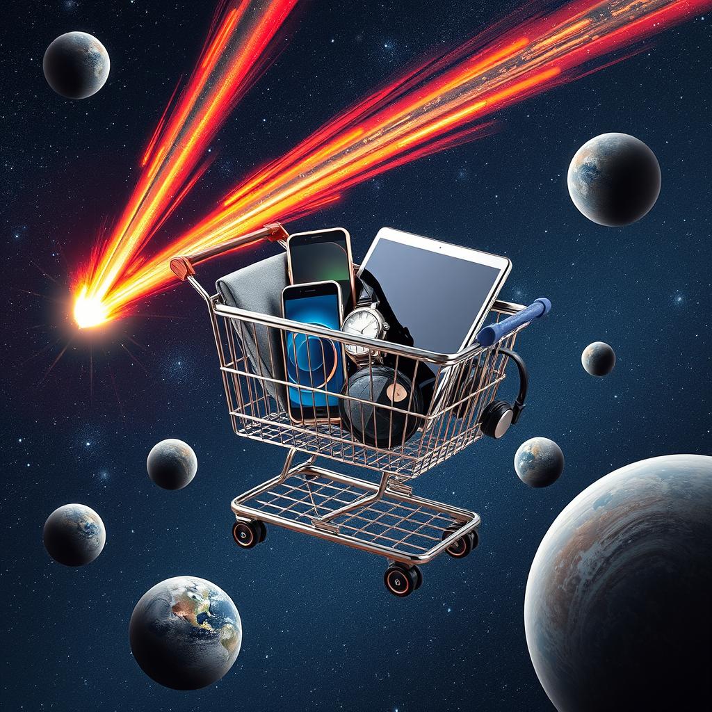 A shopping cart filled with an elegant wristwatch, a sleek smartphone, a laptop computer with a vivid screen, a smartphone charger, and a pair of headphones, all floating in the vastness of space