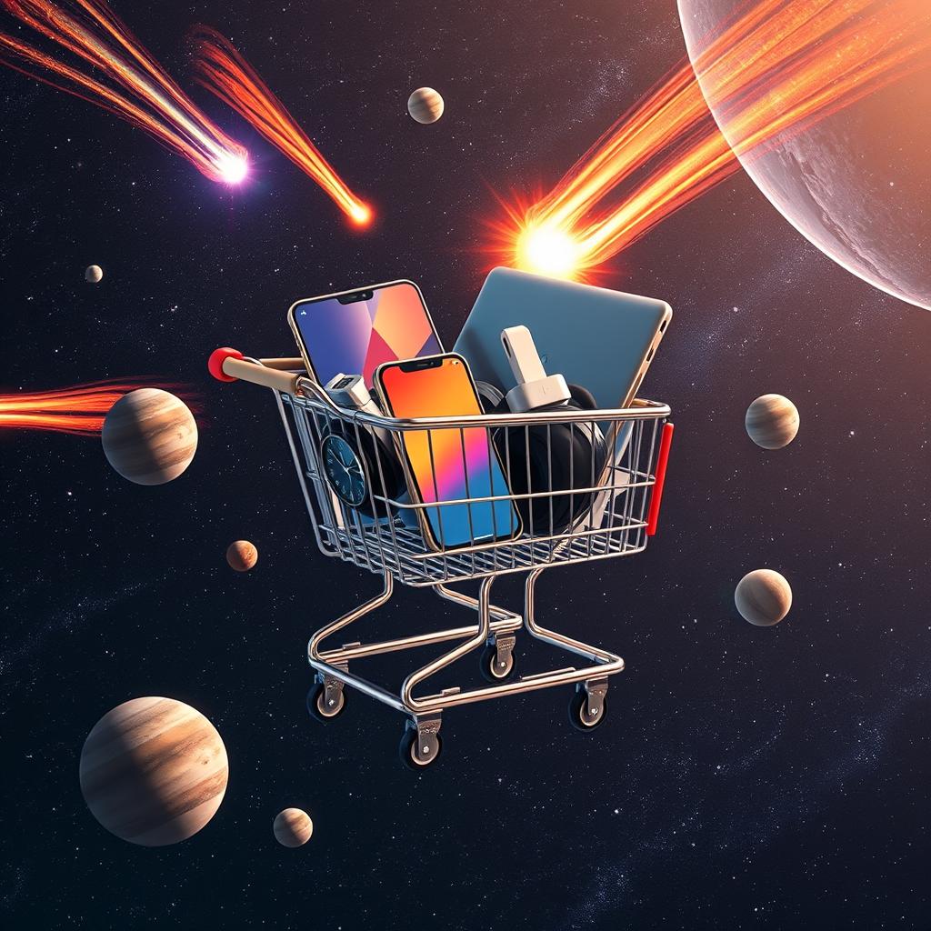 A shopping cart filled with an elegant wristwatch, a sleek smartphone, a laptop computer with a vivid screen, a smartphone charger, and a pair of headphones, all floating in the vastness of space