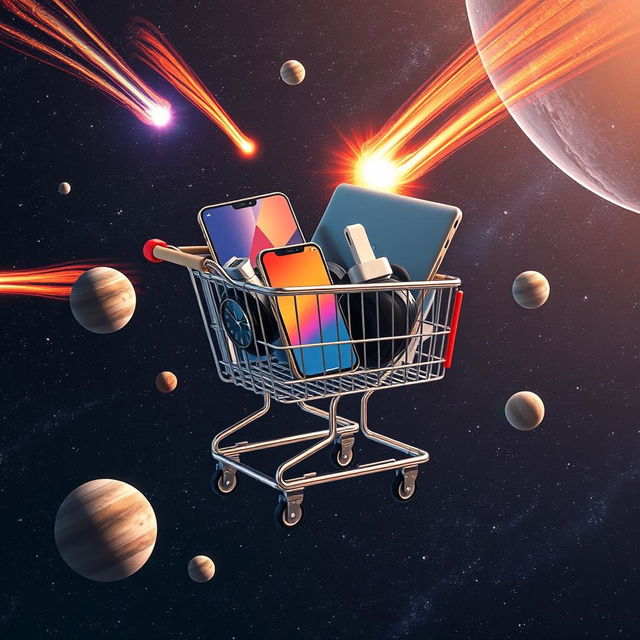 A shopping cart filled with an elegant wristwatch, a sleek smartphone, a laptop computer with a vivid screen, a smartphone charger, and a pair of headphones, all floating in the vastness of space