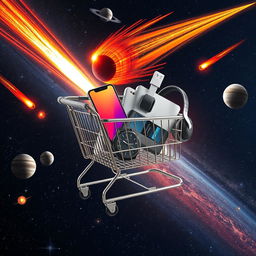 A shopping cart filled with an elegant wristwatch, a sleek smartphone, a laptop computer with a vivid screen, a smartphone charger, and a pair of headphones, all floating in the vastness of space