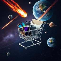 A shopping cart filled with an elegant wristwatch, a sleek smartphone, a laptop computer with a vivid screen, a smartphone charger, and a pair of headphones, all floating in the vastness of space