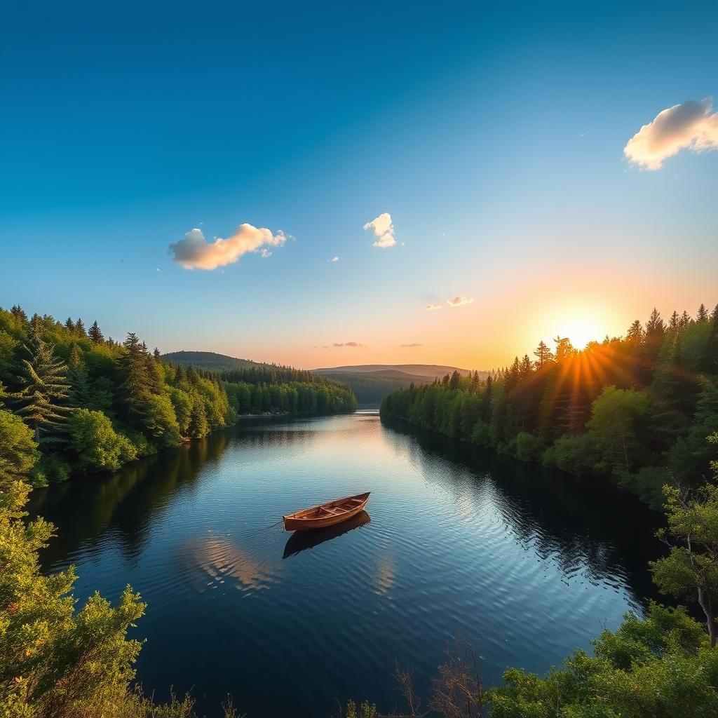 Create a serene landscape featuring a tranquil lake surrounded by lush green forests