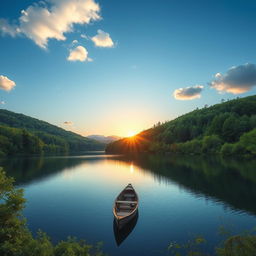 Create a serene landscape featuring a tranquil lake surrounded by lush green forests