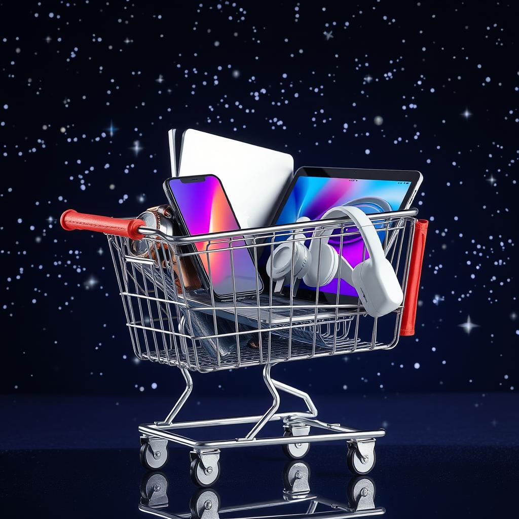 A shopping cart filled with an elegant wristwatch, a sleek smartphone, a laptop computer with a vivid screen, a smartphone charger, and a pair of headphones, situated against a starry backdrop