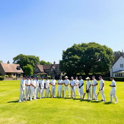 A village cricket team gathered on a lush green cricket field, ready for a match