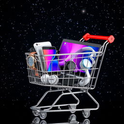 A shopping cart filled with an elegant wristwatch, a sleek smartphone, a laptop computer with a vivid screen, a smartphone charger, and a pair of headphones, situated against a starry backdrop