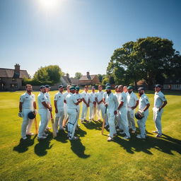 A village cricket team gathered on a lush green cricket field, ready for a match