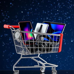 A shopping cart filled with an elegant wristwatch, a sleek smartphone, a laptop computer with a vivid screen, a smartphone charger, and a pair of headphones, situated against a starry backdrop