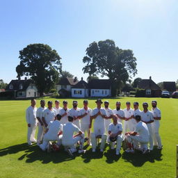 A village cricket team gathered on a lush green cricket field, ready for a match