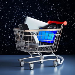 A shopping cart filled with an elegant wristwatch, a sleek smartphone, a laptop computer with a vivid screen, a smartphone charger, and a pair of headphones, situated against a starry backdrop