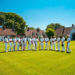 A village cricket team gathered on a lush green cricket field, ready for a match