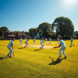 A village cricket team actively playing cricket on a lush green cricket field