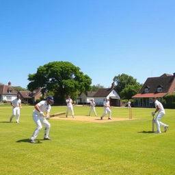 A village cricket team actively playing cricket on a lush green cricket field