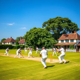 A village cricket team actively playing cricket on a lush green cricket field