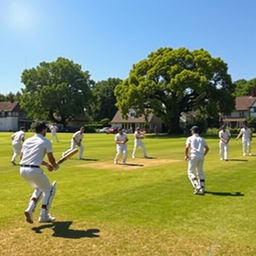 A village cricket team actively playing cricket on a lush green cricket field