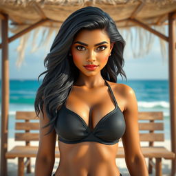 A realistic AI avatar of a 24-year-old Sri Lankan female standing in front of a beach bench on a stunning Sri Lankan beach