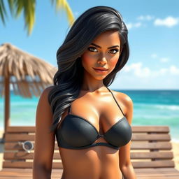 A realistic AI avatar of a 24-year-old Sri Lankan female standing in front of a beach bench on a stunning Sri Lankan beach