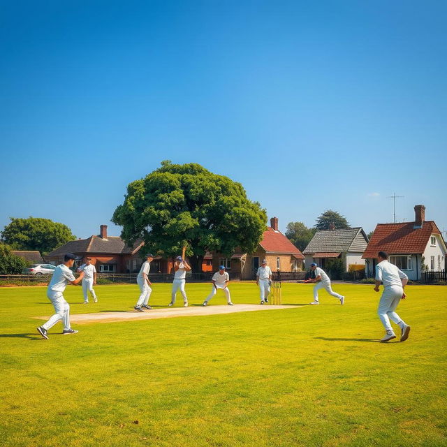 A village cricket team actively playing cricket on a local ground